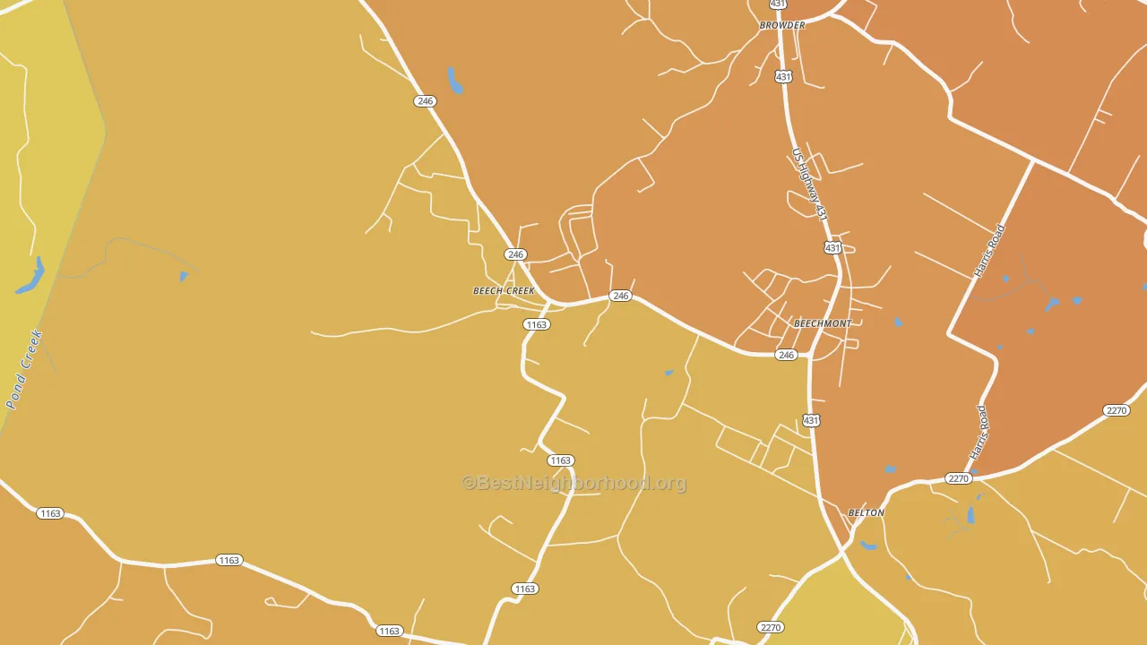 Map of the best neighborhoods in the 42321 area, with better matches in green and worse matches in red
