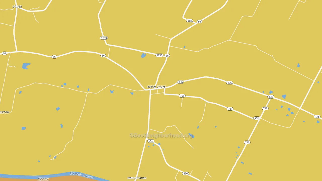 Map of the best neighborhoods in the 42322 area, with better matches in green and worse matches in red