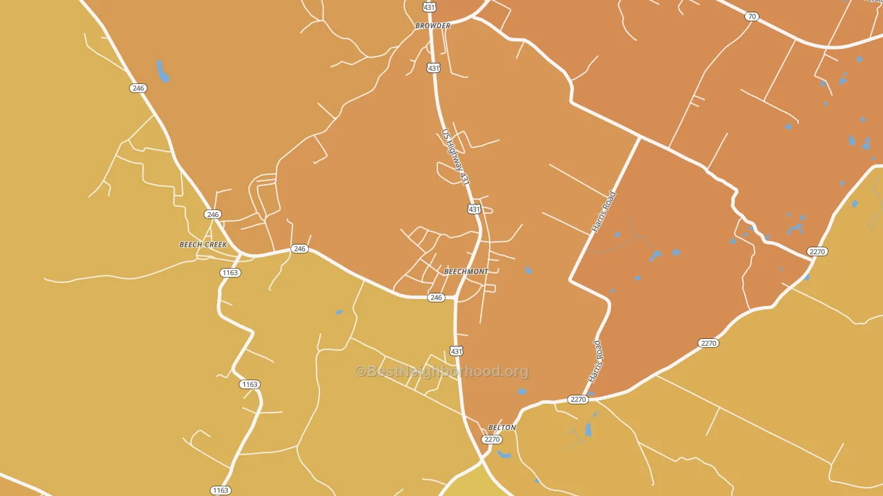 Map of the best neighborhoods in the 42323 area, with better matches in green and worse matches in red