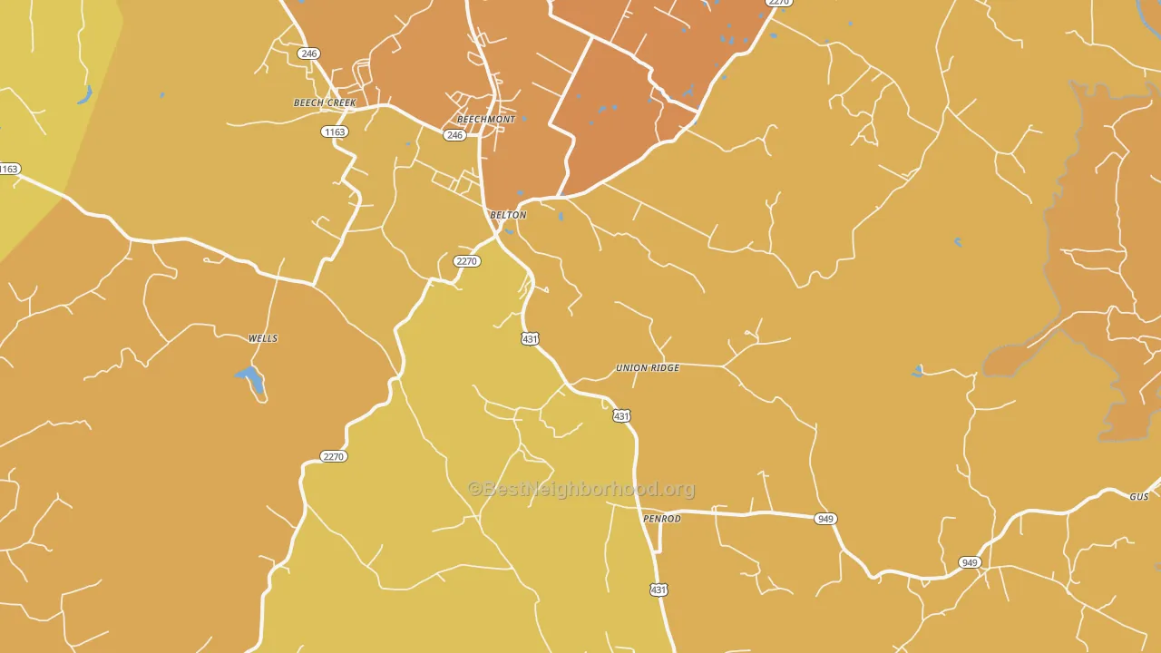 Map of the best neighborhoods in the 42324 area, with better matches in green and worse matches in red