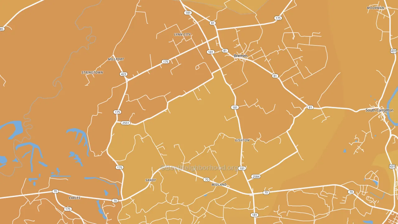 Map of the best neighborhoods in the 42325 area, with better matches in green and worse matches in red