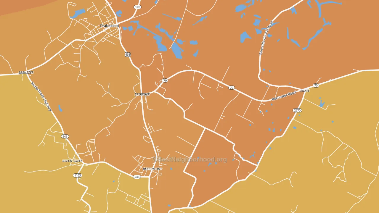 Map of the best neighborhoods in the 42326 area, with better matches in green and worse matches in red