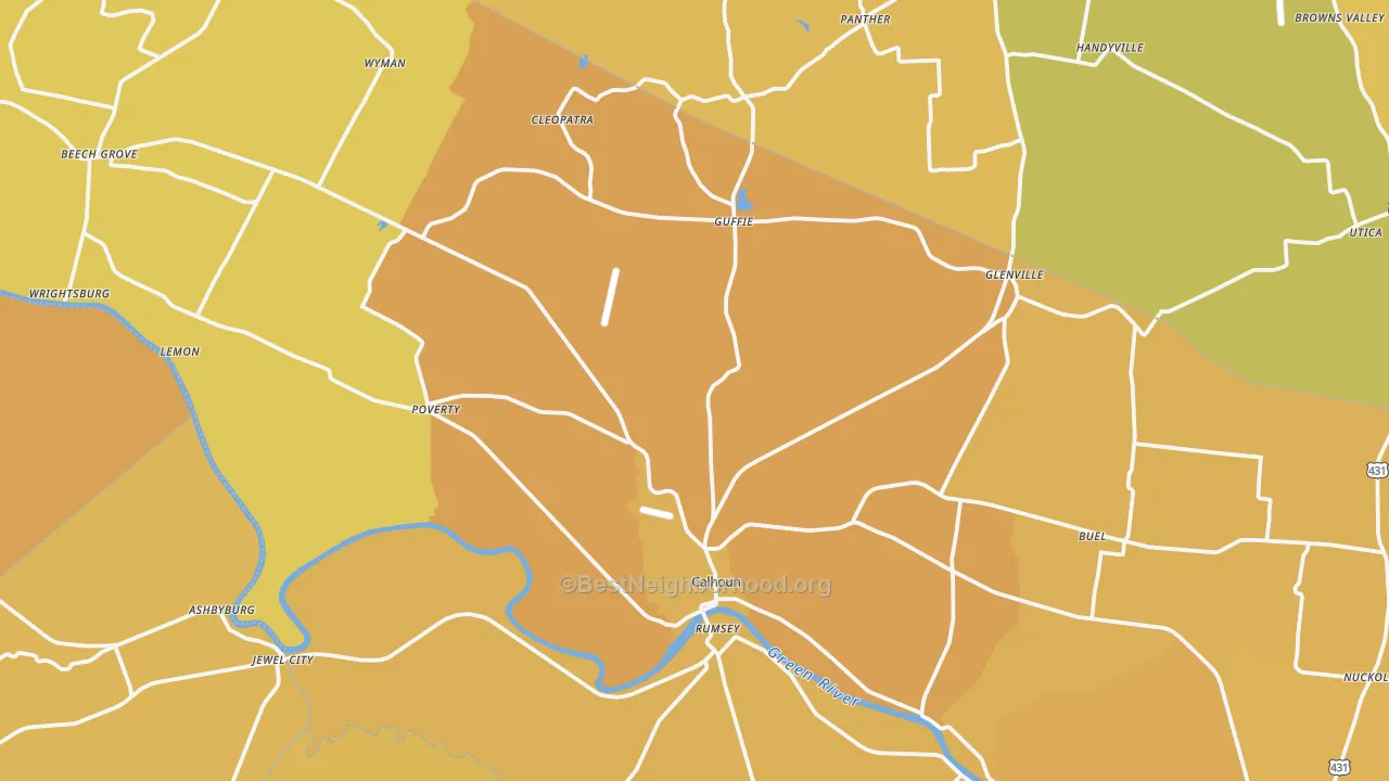 Map of the best neighborhoods in the 42327 area, with better matches in green and worse matches in red