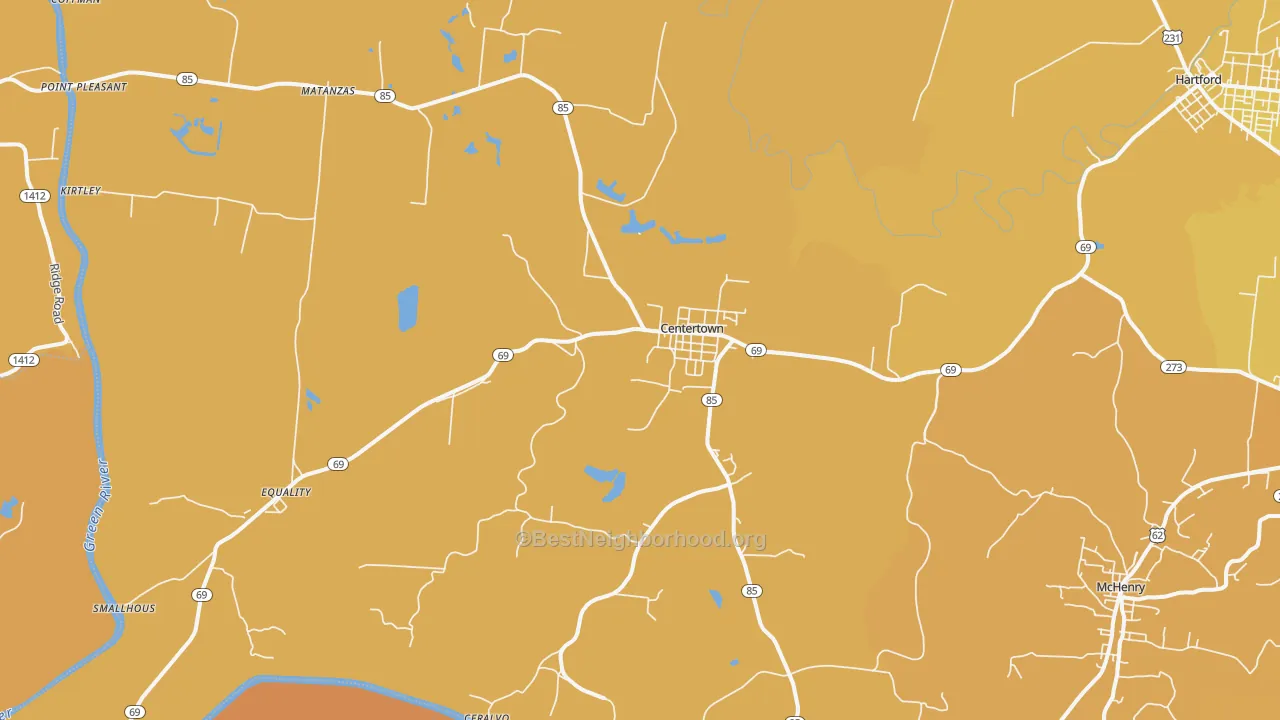 Map of the best neighborhoods in the 42328 area, with better matches in green and worse matches in red