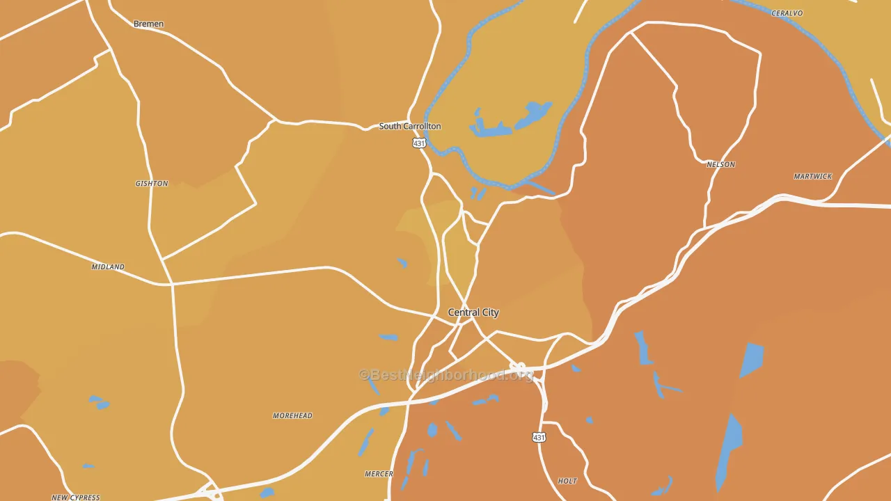 Map of the best neighborhoods in the 42330 area, with better matches in green and worse matches in red