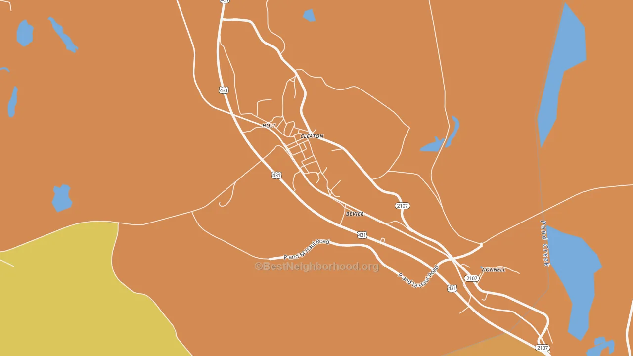 Map of the best neighborhoods in the 42332 area, with better matches in green and worse matches in red