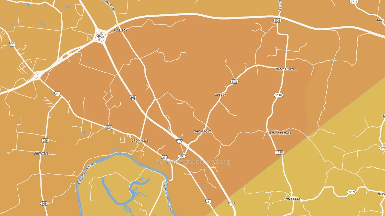 Map of the best neighborhoods in the 42333 area, with better matches in green and worse matches in red