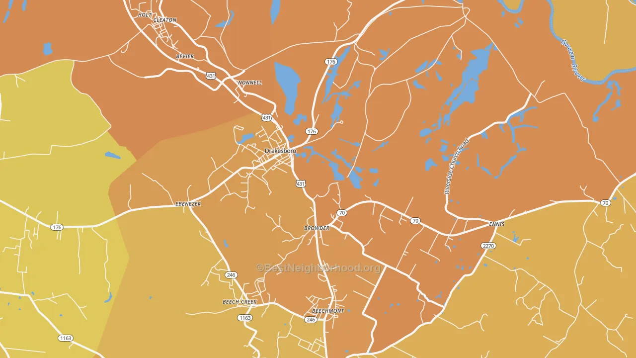 Map of the best neighborhoods in the 42337 area, with better matches in green and worse matches in red