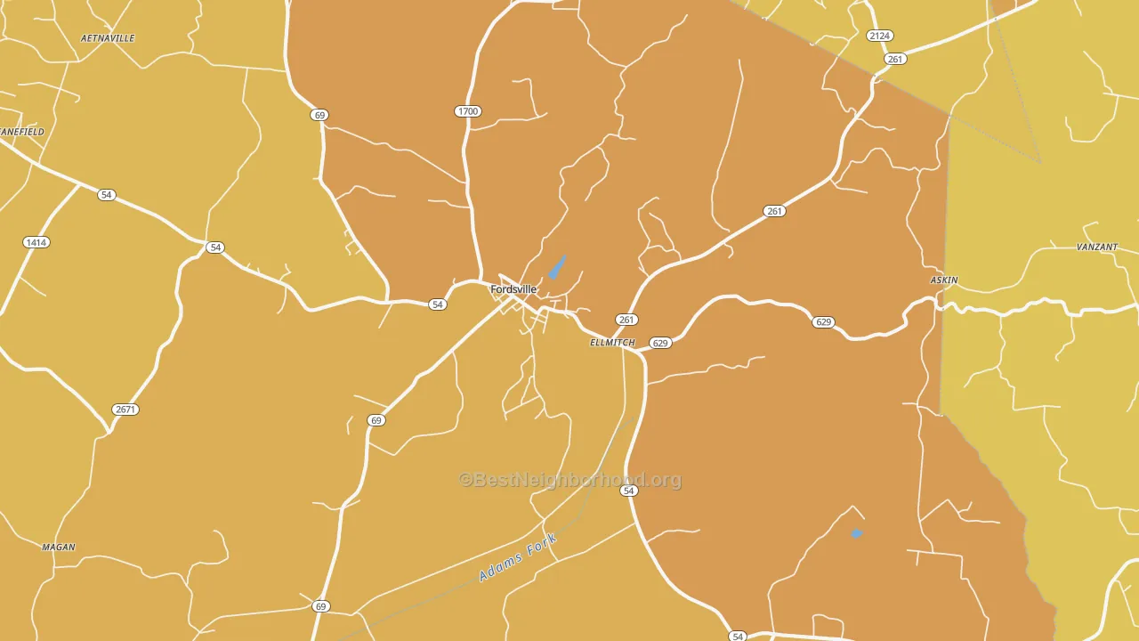 Map of the best neighborhoods in the 42343 area, with better matches in green and worse matches in red