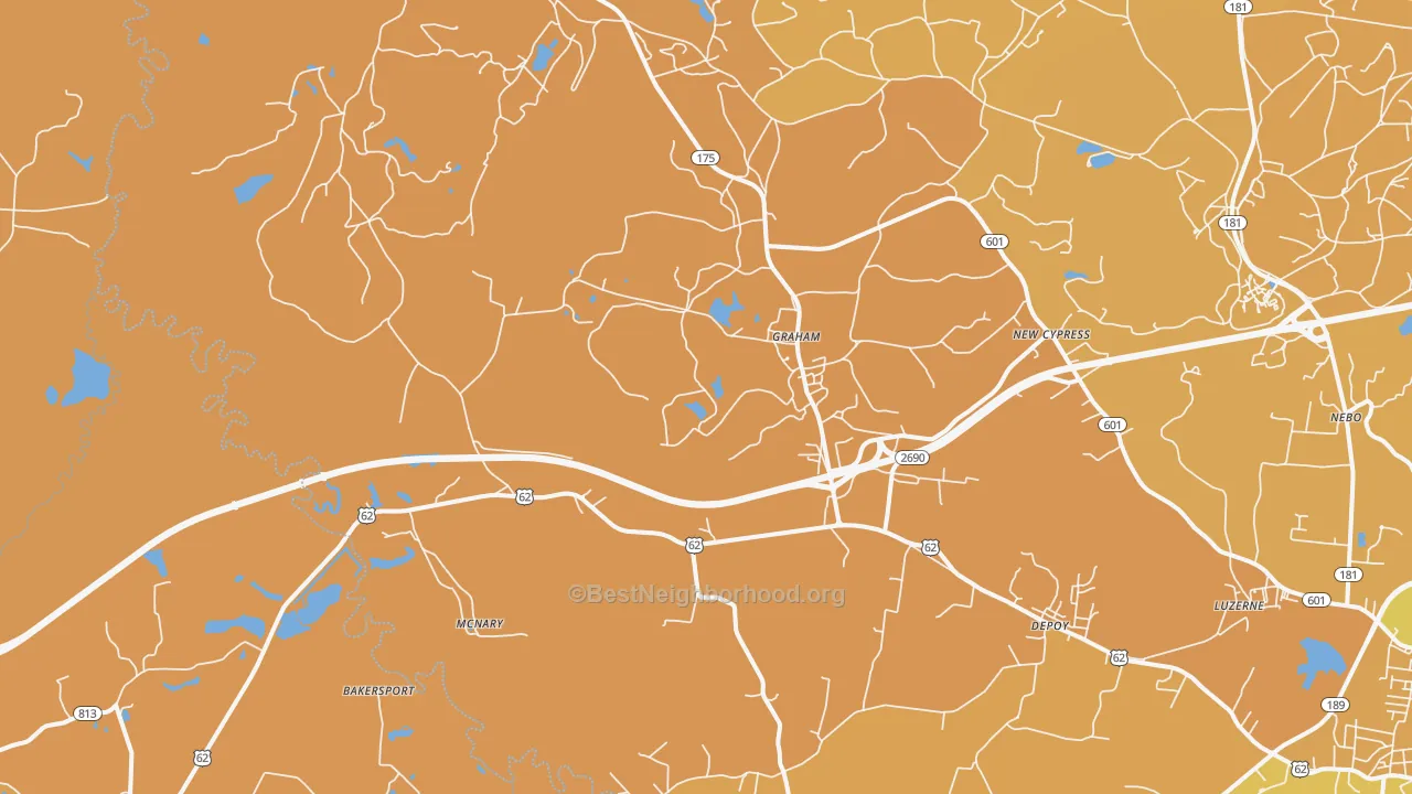 Map of the best neighborhoods in the 42344 area, with better matches in green and worse matches in red