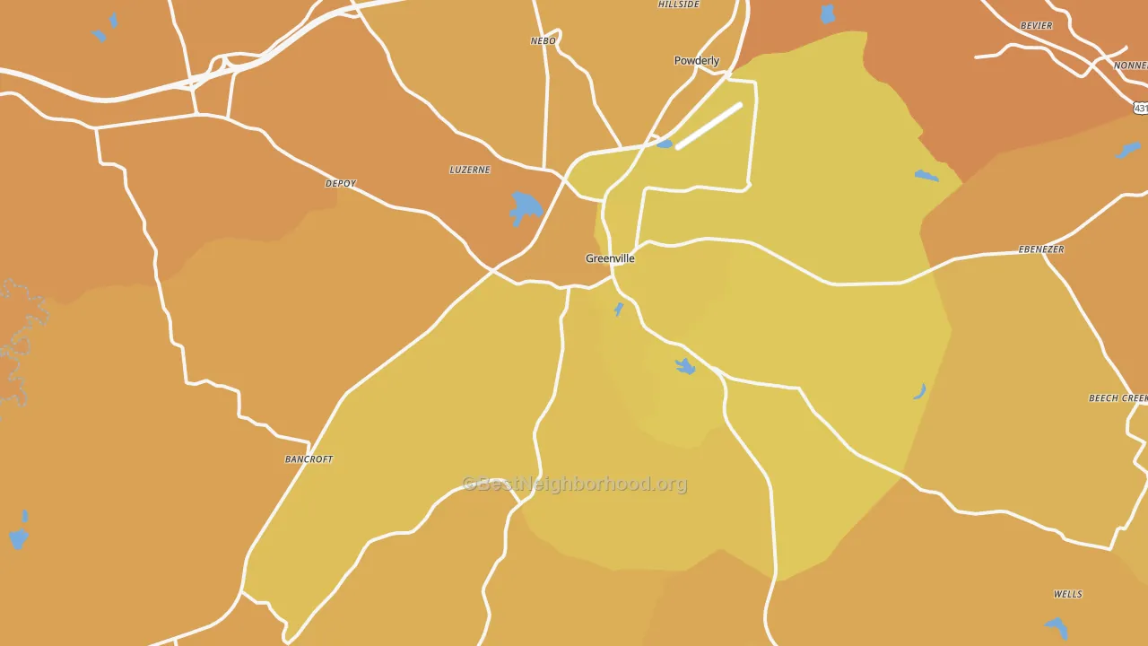 Map of the best neighborhoods in the 42345 area, with better matches in green and worse matches in red