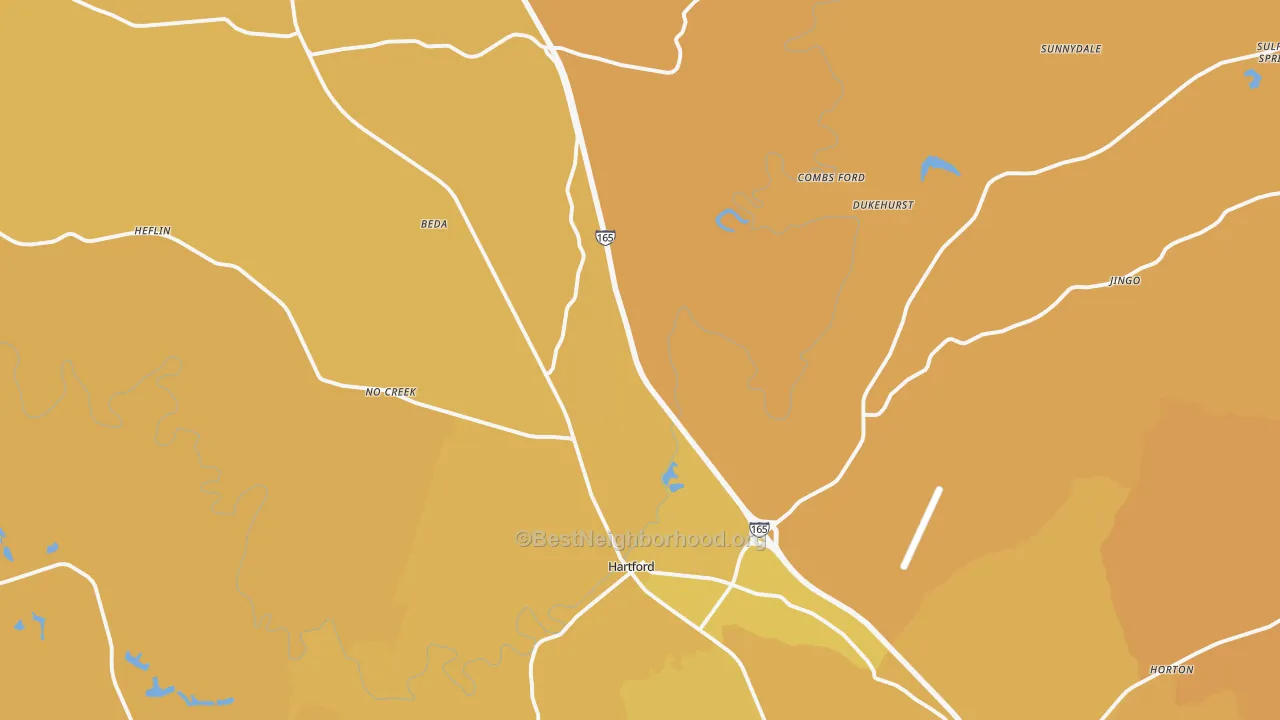 Map of the best neighborhoods in the 42347 area, with better matches in green and worse matches in red