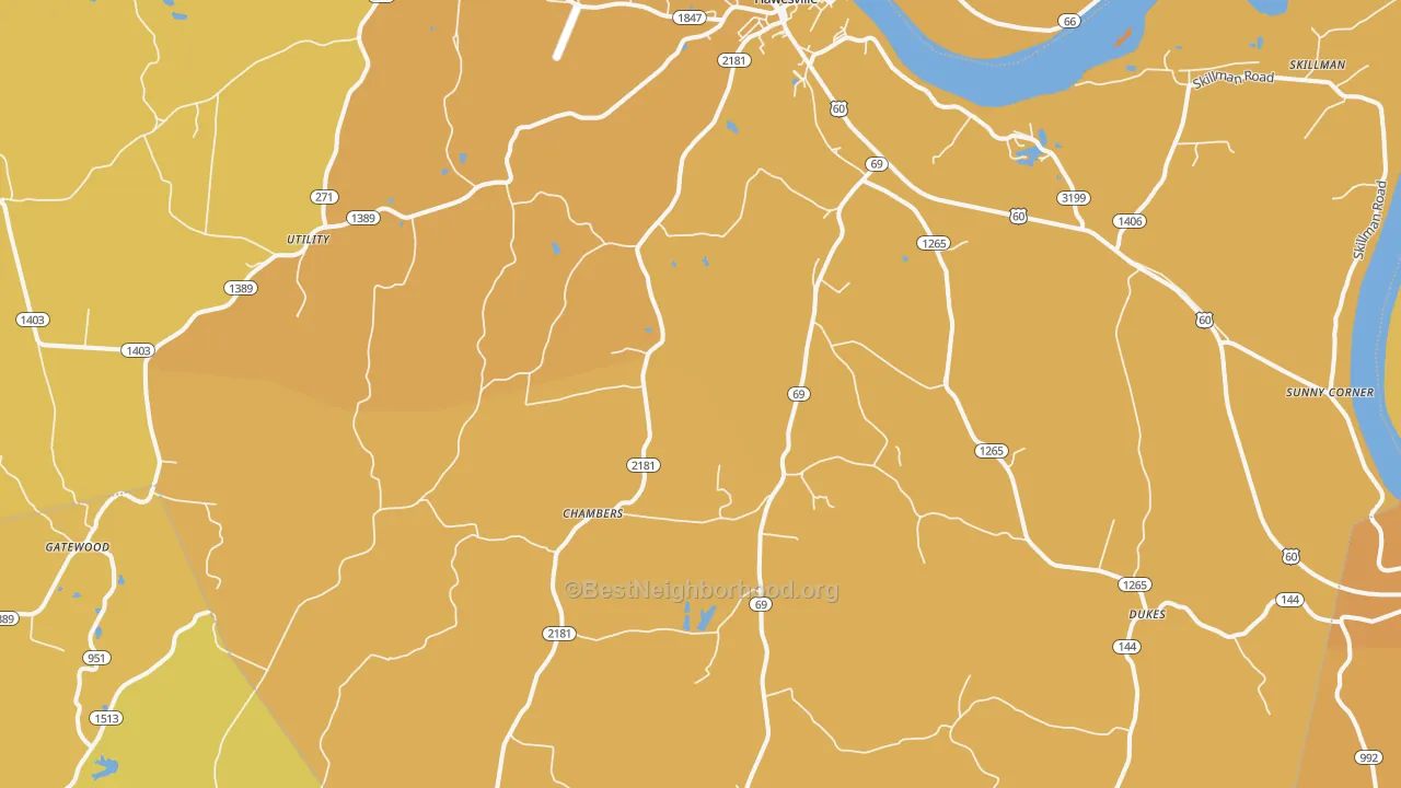 Map of the best neighborhoods in the 42348 area, with better matches in green and worse matches in red