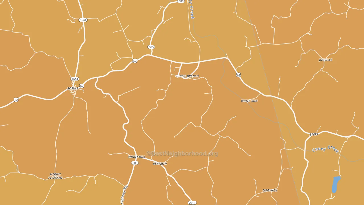 Map of the best neighborhoods in the 42349 area, with better matches in green and worse matches in red