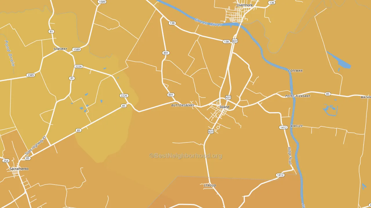 Map of the best neighborhoods in the 42350 area, with better matches in green and worse matches in red
