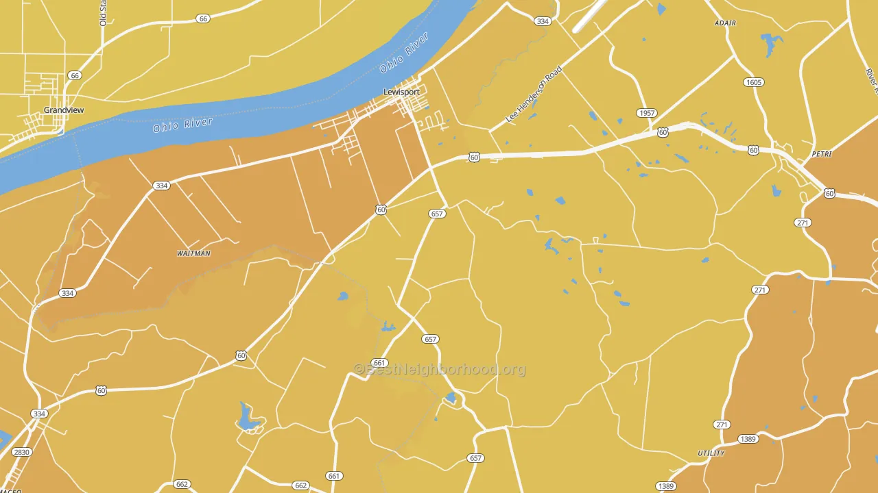 Map of the best neighborhoods in the 42351 area, with better matches in green and worse matches in red