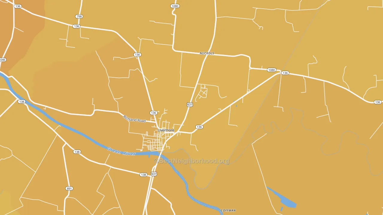 Map of the best neighborhoods in the 42352 area, with better matches in green and worse matches in red