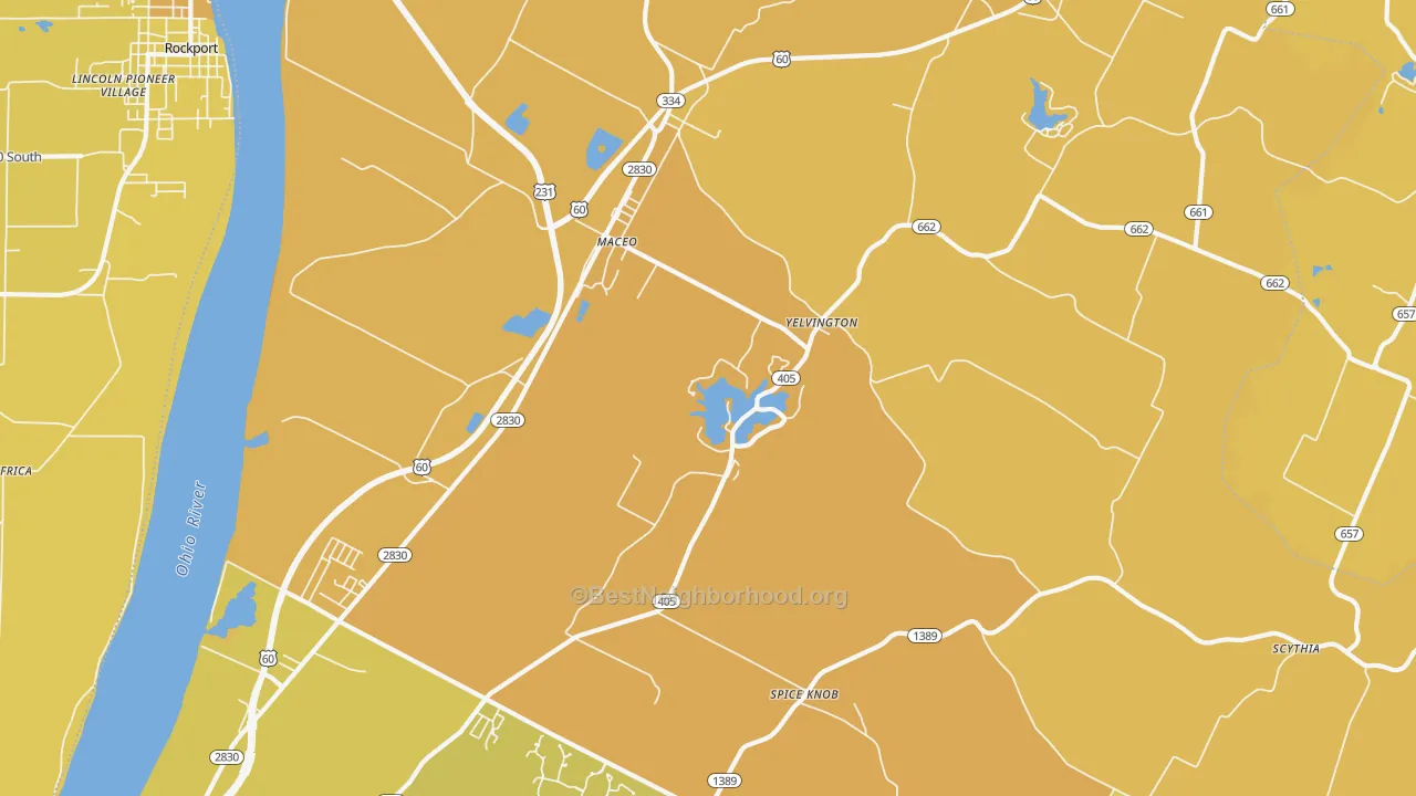 Map of the best neighborhoods in the 42355 area, with better matches in green and worse matches in red