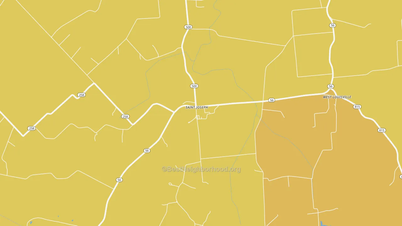 Map of the best neighborhoods in the 42356 area, with better matches in green and worse matches in red