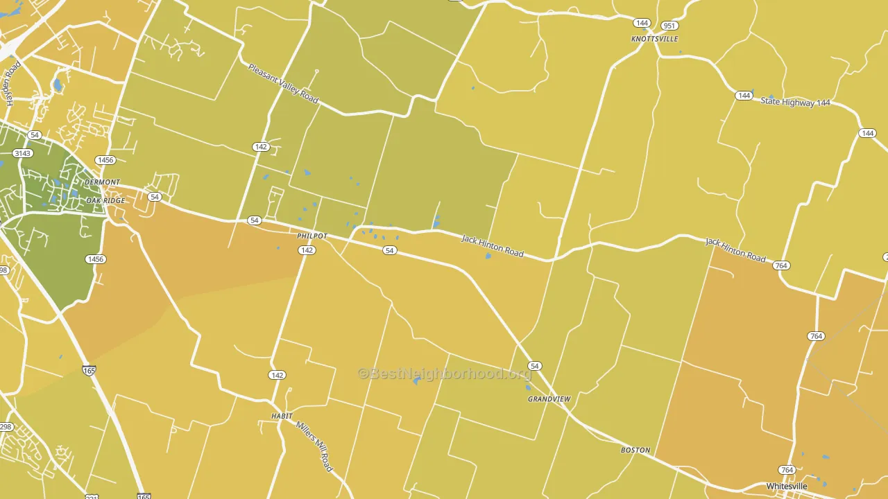 Map of the best neighborhoods in the 42366 area, with better matches in green and worse matches in red