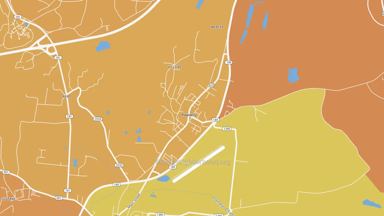 Map of the best neighborhoods in the 42367 area, with better matches in green and worse matches in red