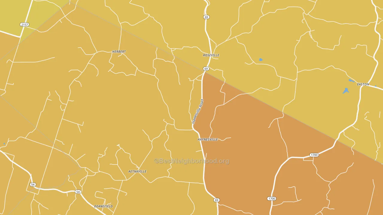 Map of the best neighborhoods in the 42368 area, with better matches in green and worse matches in red