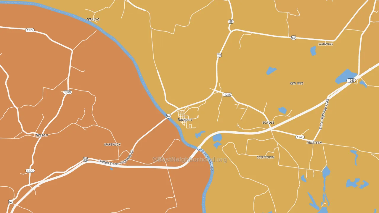 Map of the best neighborhoods in the 42369 area, with better matches in green and worse matches in red