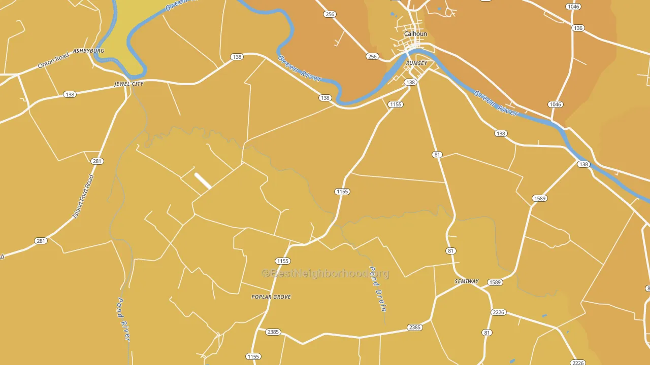 Map of the best neighborhoods in the 42371 area, with better matches in green and worse matches in red
