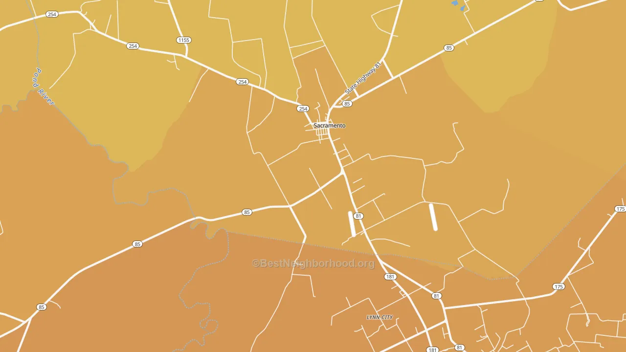 Map of the best neighborhoods in the 42372 area, with better matches in green and worse matches in red