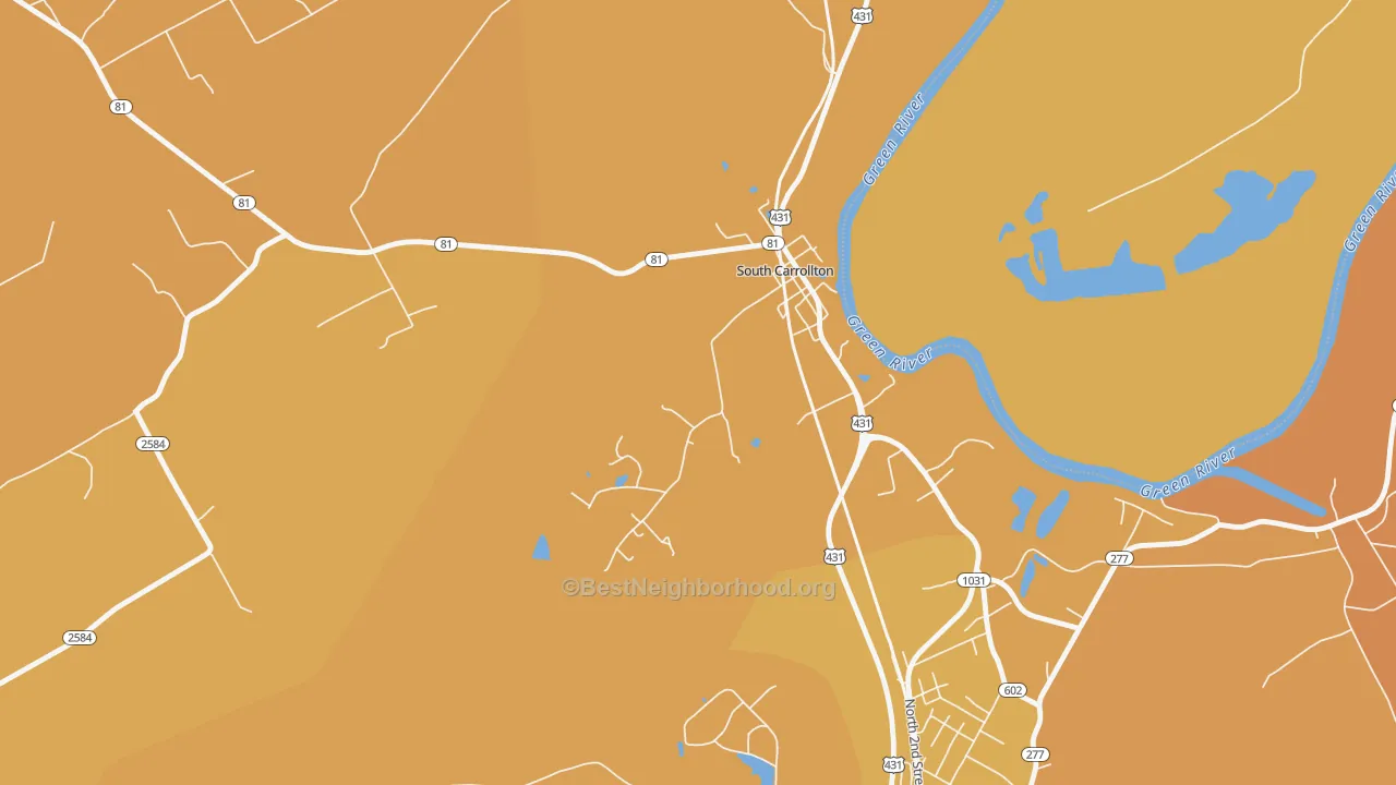 Map of the best neighborhoods in the 42374 area, with better matches in green and worse matches in red