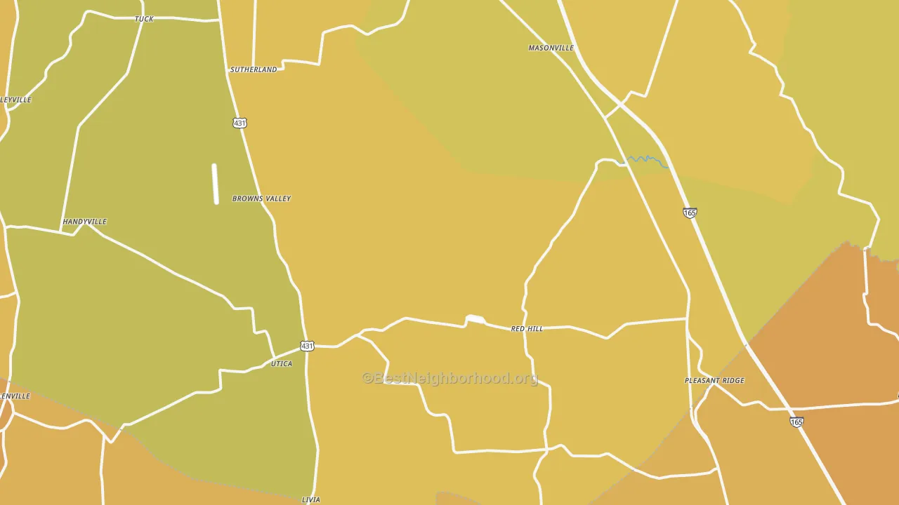 Map of the best neighborhoods in the 42376 area, with better matches in green and worse matches in red