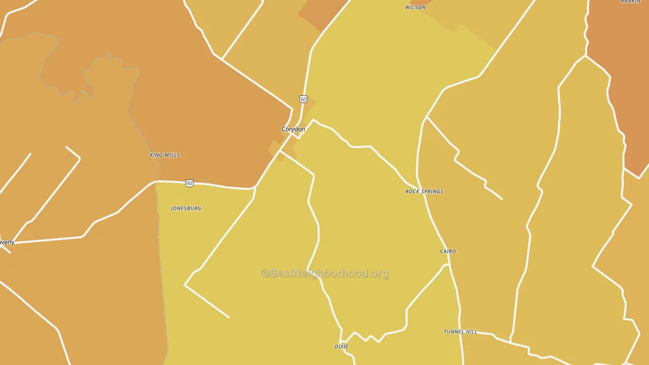 Map of the best neighborhoods in the 42406 area, with better matches in green and worse matches in red