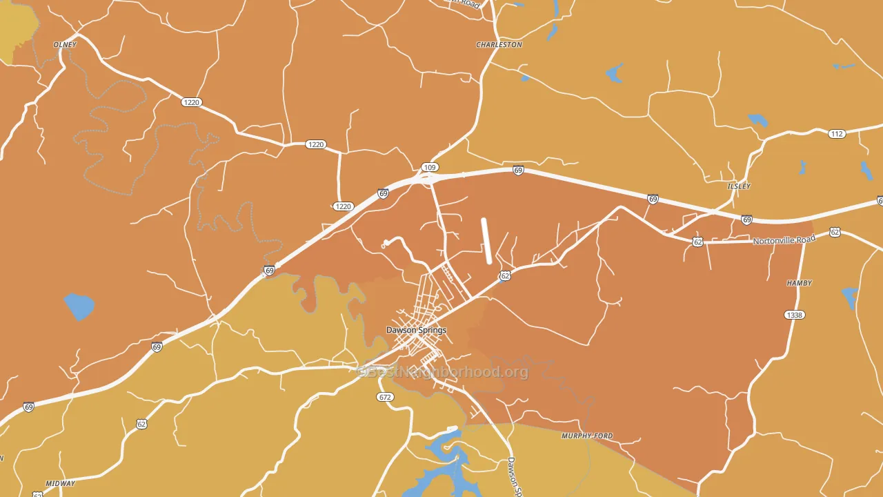 Map of the best neighborhoods in the 42408 area, with better matches in green and worse matches in red