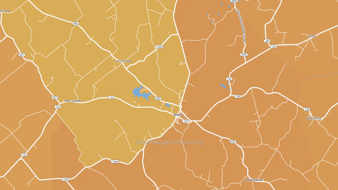Map of the best neighborhoods in the 42409 area, with better matches in green and worse matches in red