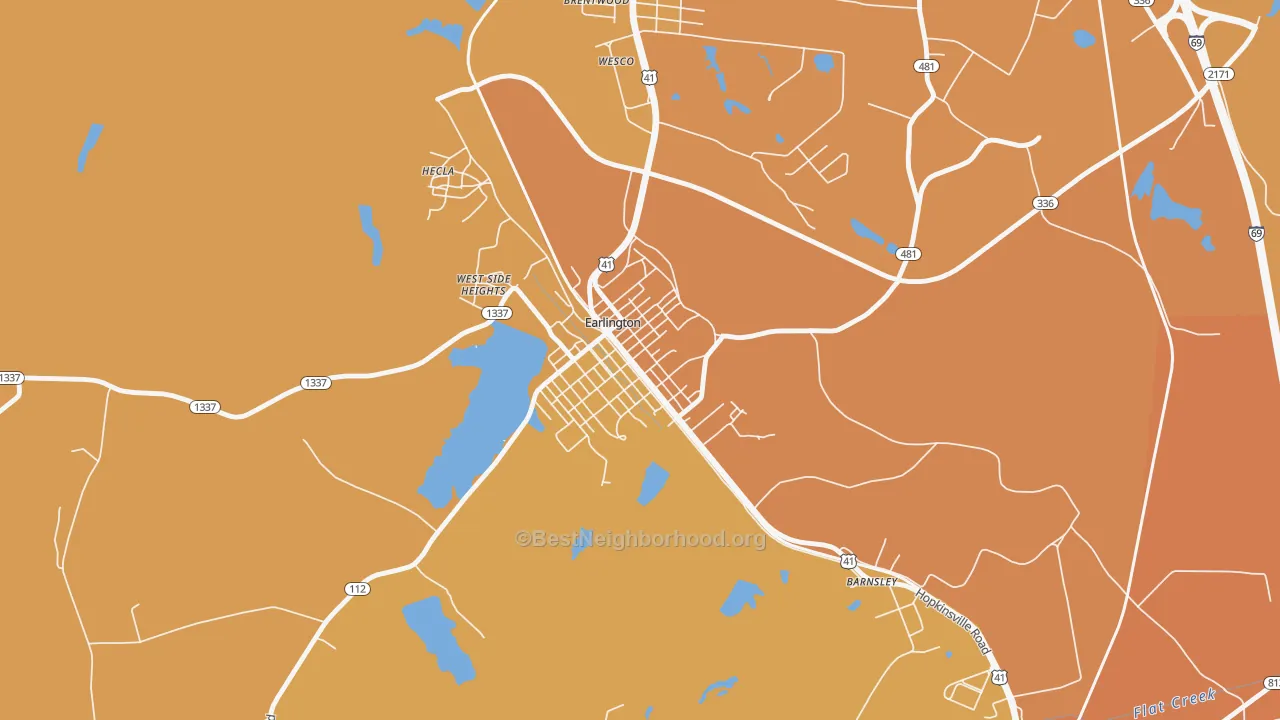 Map of the best neighborhoods in the 42410 area, with better matches in green and worse matches in red