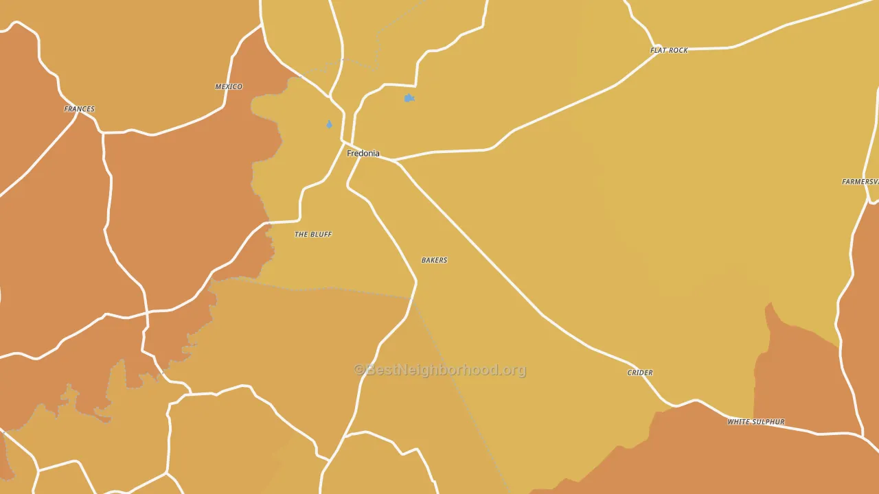 Map of the best neighborhoods in the 42411 area, with better matches in green and worse matches in red