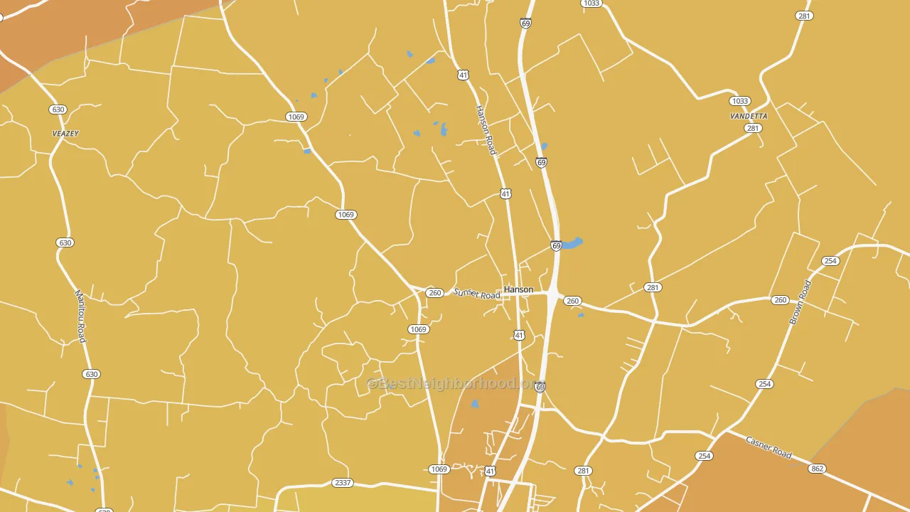 Map of the best neighborhoods in the 42413 area, with better matches in green and worse matches in red