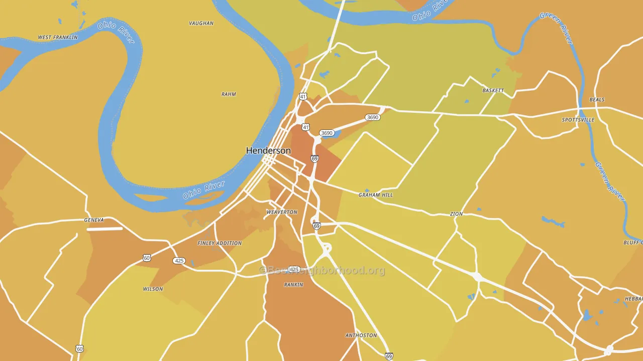 Map of the best neighborhoods in the 42420 area, with better matches in green and worse matches in red