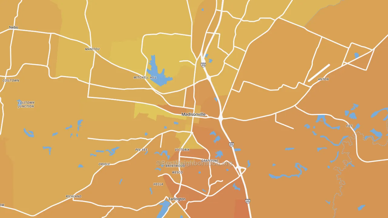 Map of the best neighborhoods in the 42431 area, with better matches in green and worse matches in red