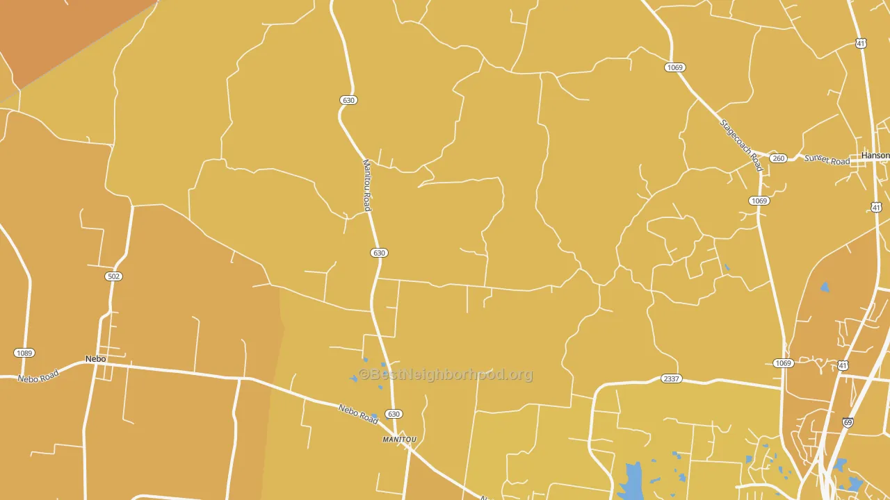 Map of the best neighborhoods in the 42436 area, with better matches in green and worse matches in red