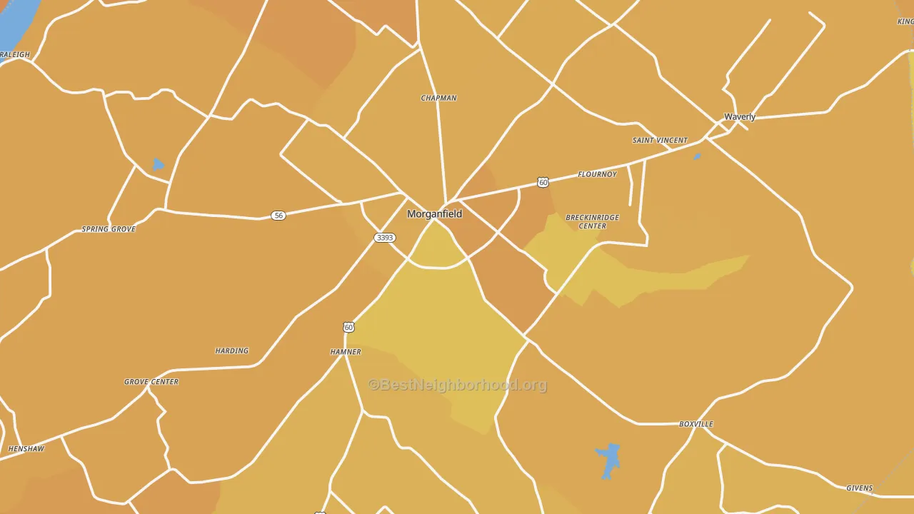 Map of the best neighborhoods in the 42437 area, with better matches in green and worse matches in red