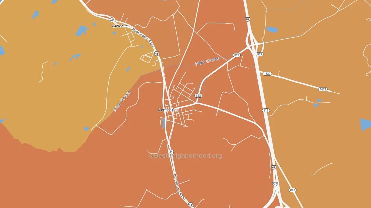 Map of the best neighborhoods in the 42440 area, with better matches in green and worse matches in red