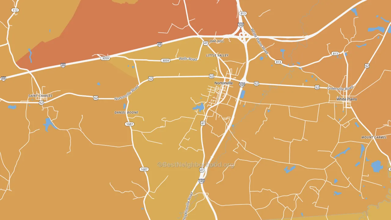Map of the best neighborhoods in the 42442 area, with better matches in green and worse matches in red