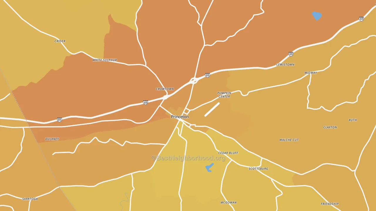 Map of the best neighborhoods in the 42445 area, with better matches in green and worse matches in red