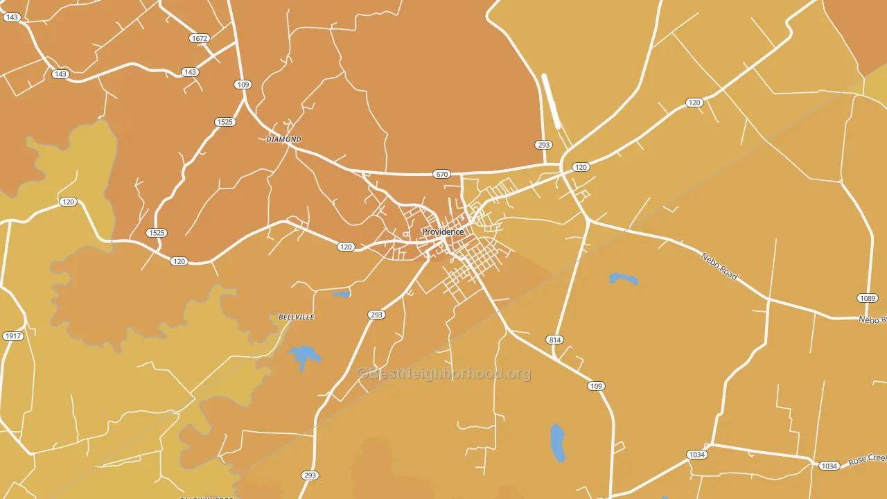 Map of the best neighborhoods in the 42450 area, with better matches in green and worse matches in red