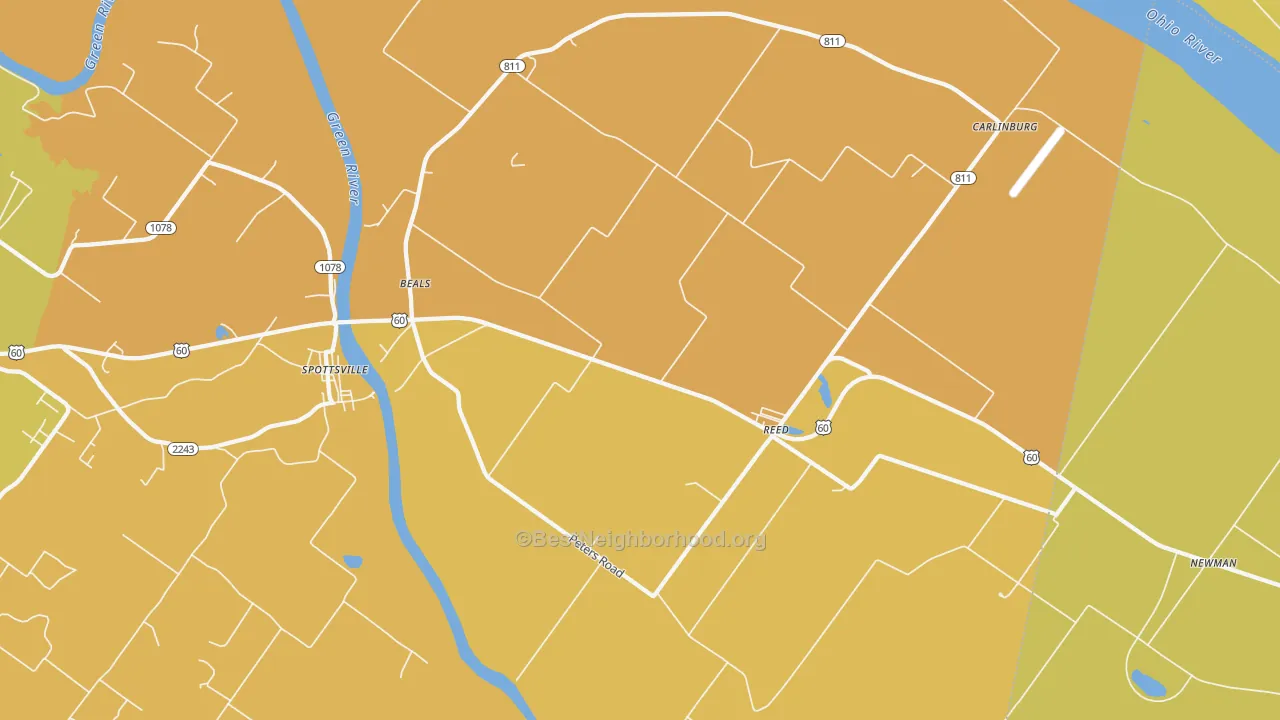 Map of the best neighborhoods in the 42451 area, with better matches in green and worse matches in red