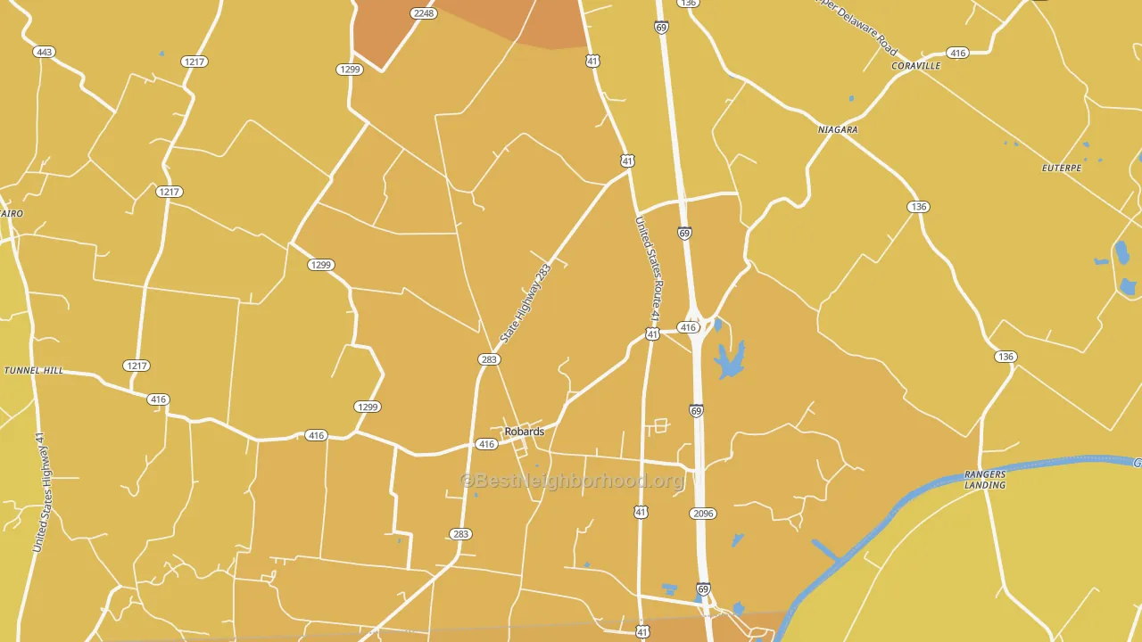 Map of the best neighborhoods in the 42452 area, with better matches in green and worse matches in red