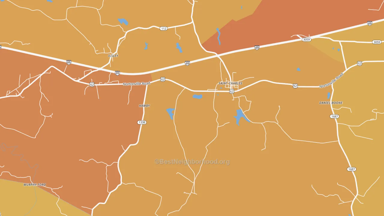 Map of the best neighborhoods in the 42453 area, with better matches in green and worse matches in red