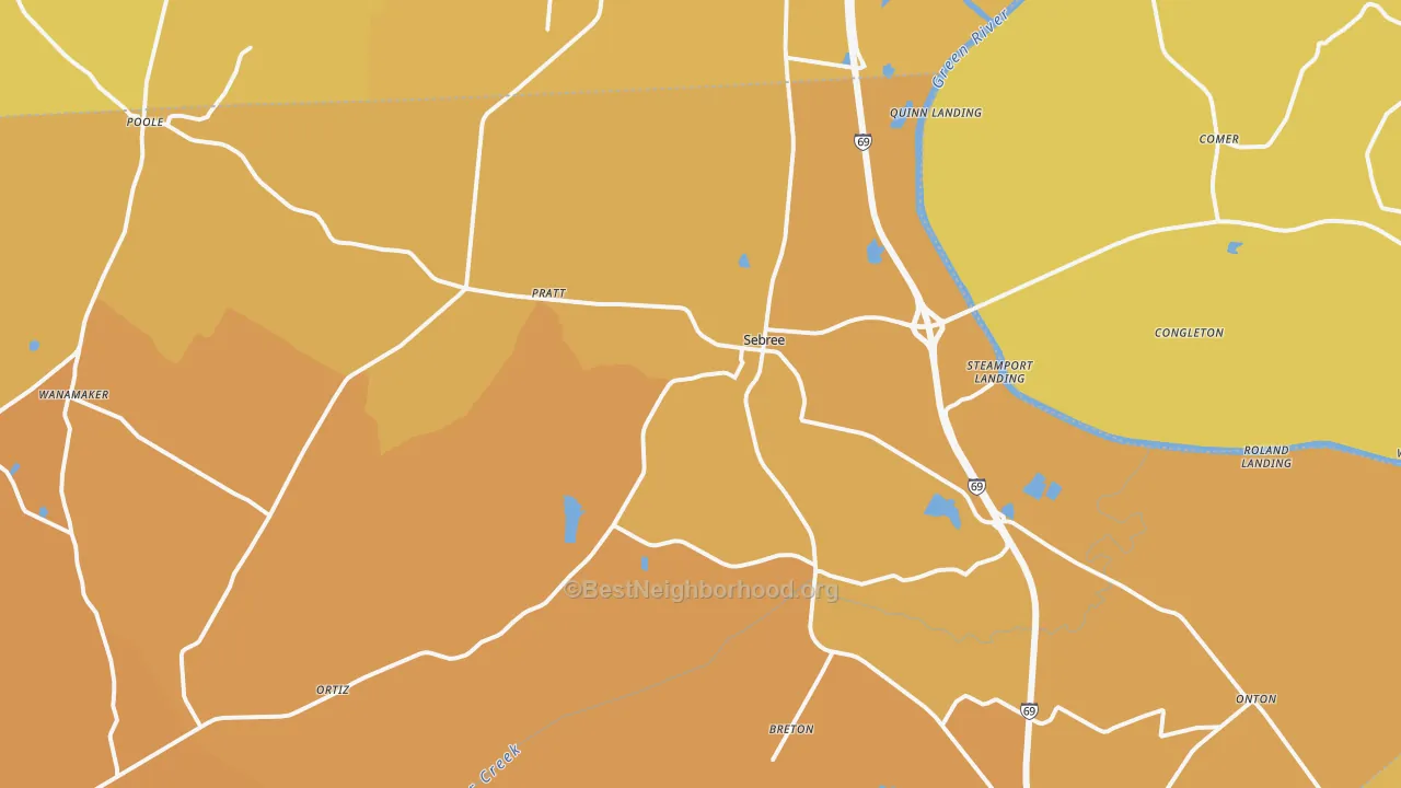 Map of the best neighborhoods in the 42455 area, with better matches in green and worse matches in red