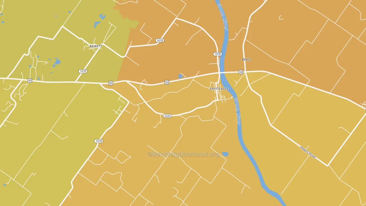 Map of the best neighborhoods in the 42458 area, with better matches in green and worse matches in red